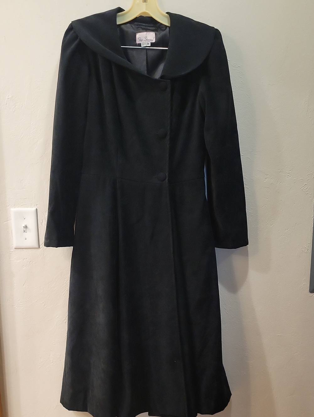 Stop Staring! Black Velour Long Dress Coat with Draped Collar. Size M